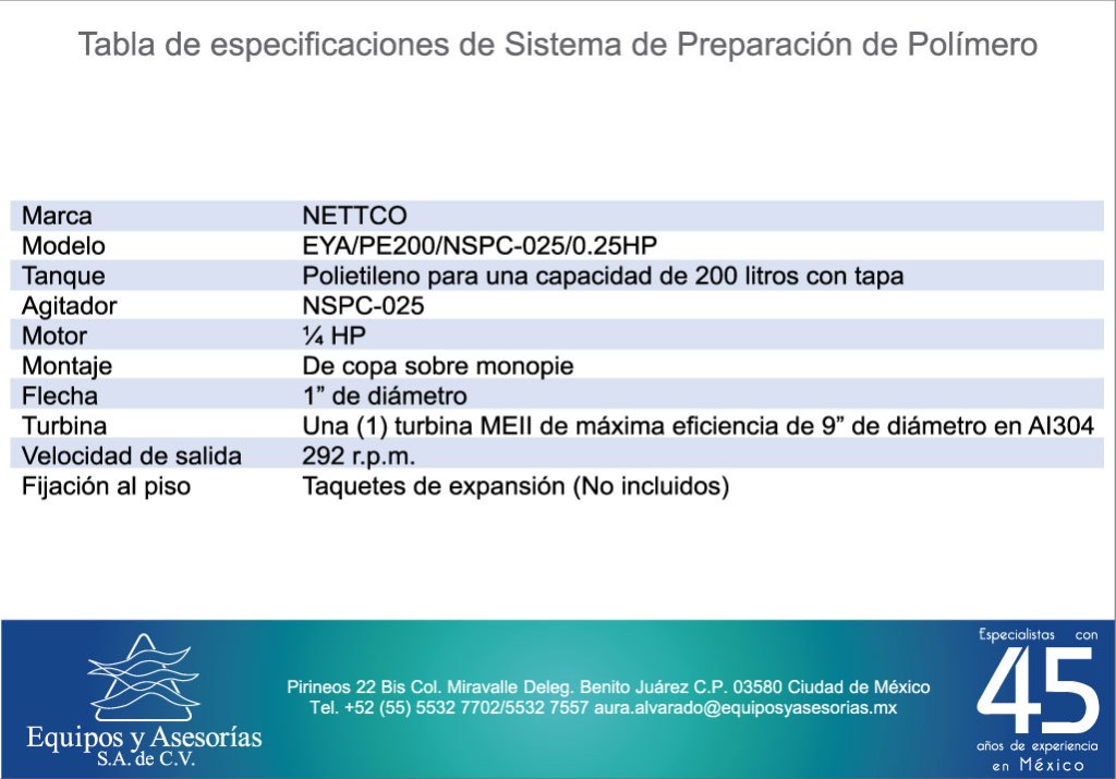 tabla de especificaciones del sistema de preparación de polímero